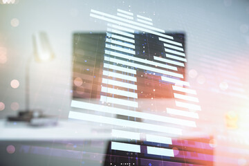 Creative Bitcoin concept with modern laptop background. Multiexposure