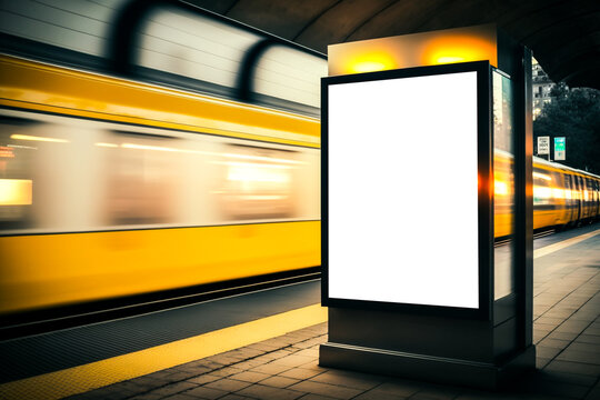 Vertical white empty LED billboard mockup in a subway station. AI generative metro station advertising banner display. Digital signage for ads and promotions