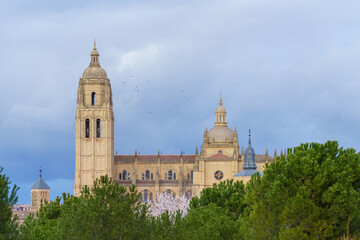 Fototapeta na wymiar Tower of the cathedral church of Segovia with blue sky and clouds in the background and birds in flight