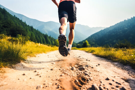 Athlete man running in his sneakers trough the forest with mountain view. AI generated illustration for outdoor recreational training