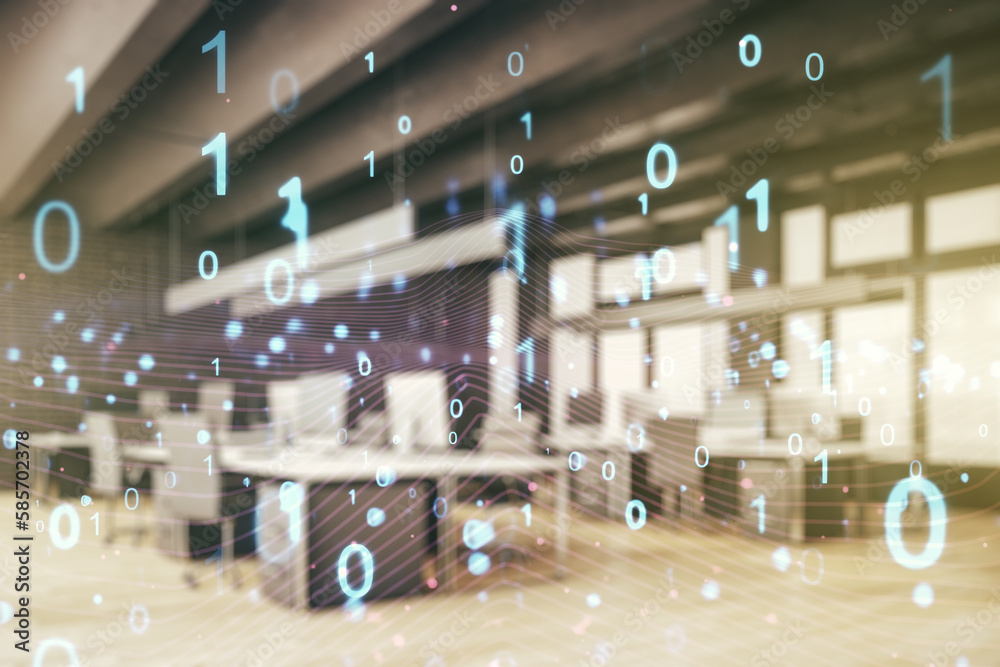 Aufkleber Abstract virtual binary code hologram on a modern furnished classroom background, AI and machine learning concept. Multiexposure