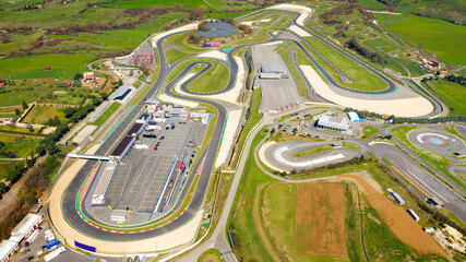 Aerial view of the Vallelunga autodrome, located between Rome and Viterbo, in Italy. The speedway is empty and there are no cars on the circuit.