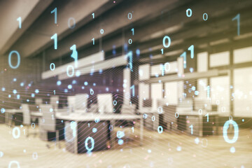 Abstract virtual binary code hologram on a modern furnished classroom background, AI and machine learning concept. Multiexposure