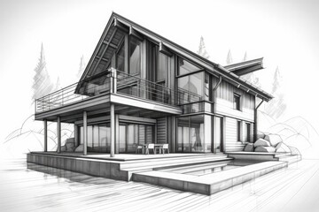 house with a spacious deck and elegant stairs. Generative AI