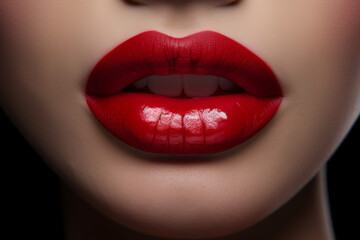 Sexy female lips with red lipstick close-up. Seductive lady mouth open. ai generated