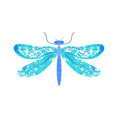 Blue dragonfly with translucent wings with fashionable decorative textures close-up in vintage retro style, top view. Cute vector illustration on white isolated background. 