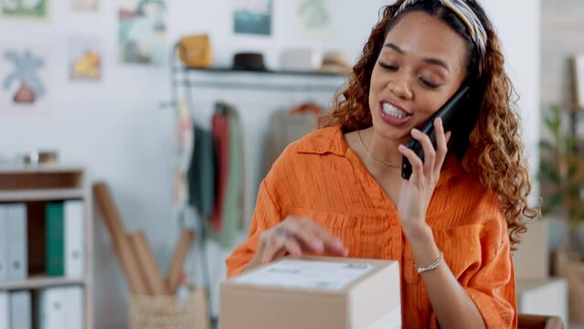 Phone call, box and woman designer with a small business in fashion working on delivery parcel. Creative, happy and boutique owner from Puerto Rico signing a package while having mobile conversation.