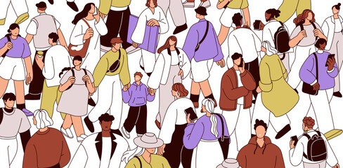 Naklejka premium People crowd on city street. Many pedestrians going in overcrowded overpopulated metropolis. Plenty of citizens swarm walk, travel. Urban population, rush hour concept. Flat vector illustration