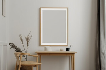 3D rendering wooden frame leaning on the white wall in the interior mockup,  warm space, generative AI.