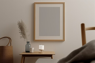 3D rendering wooden frame leaning on the white wall in the interior mockup,  warm space, generative AI.