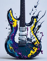 Electric guitar Splash art style of colorful paint, contour, hyperdetailed - created with Generative AI