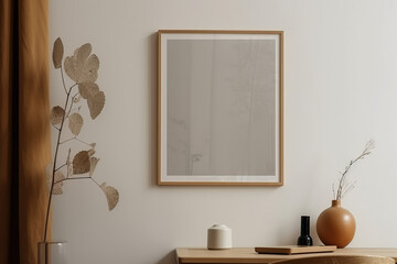 Vertical wooden frame mockup for neutral to showcase artwork, photo, print, empty frame, warm, cozy, generative AI.