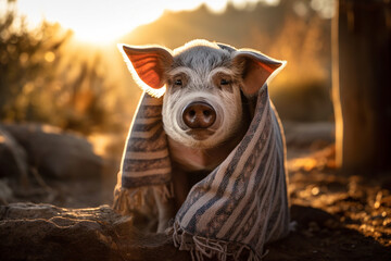 Cute pig covered with a blanket for a walk. AI genarated