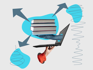 A collage where hands hold a laptop and books as a symbol of online learning.