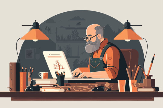 Flat vector illustration of Graphic designer working on computer desk