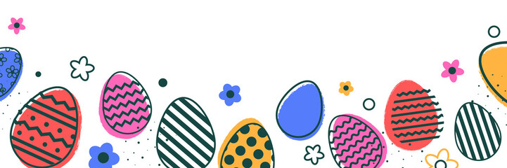 Pastel Easter eggs and flowers on transparent background. Minimal design. Banner. PNG illustration