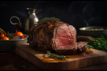A juicy, succulent, done to rare perfection, beef roast ready to carve on a wooden board.  Generative AI.