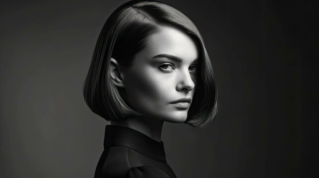 Black and white portrait of a fictional white woman with a bob haircut. Short haired woman illustration for hairdressing salon. Generative AI.