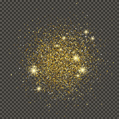 Gold glittering dust on transparent backdrop