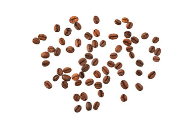 roasted whole arabica coffee beans, scattered on paper, isolated