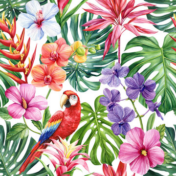 Tropical background with exotic palm leaves, flowers, bird. Bright background, jungle plants. seamless floral pattern