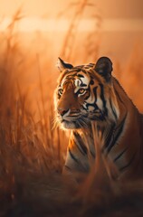 Portrait of a majestic tiger under sunlight. Generative AI.