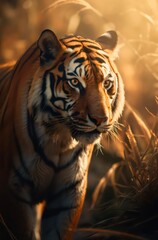 Fototapeta na wymiar Portrait of a majestic tiger under sunlight. Generative AI.