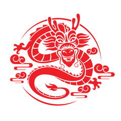 Chinese Zodiac Animals - Red china dragon motion wave in circle frame with cloud around for chinese new year vector design