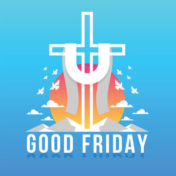 Good friday - white line big cross crucifix with cloth on mountain, bird fly freedom around and sunlight modern style on blue tone background vector design