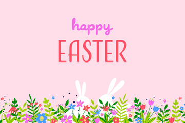 Hand drawn Easter greeting cards with bunnies and floral meadow. Vector illustration
