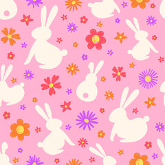 Colourful Easter background with bunnies and flowers. Seamless pattern. Vector illustration