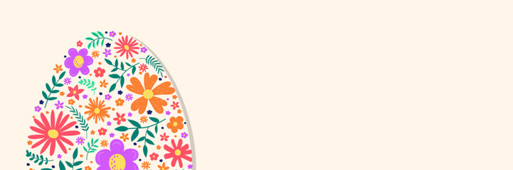 Floral Easter egg. Hand drawn Easter decoration. Panoramic header. Vector illustration