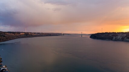 Aerial view of the Tacoma Narrows Bridge over the Puget Sound at sunset 