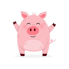 Happy pig on a white background. Design of a cute animal character. Vector illustration