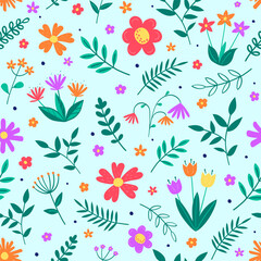 Floral texture. Spring background with colourful blowing flowers and leaves. Vector illustration