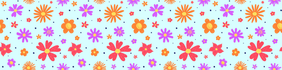 Floral seamless pattern. Spring background with colourful hand drawn flowers. Banner. Vector illustration.