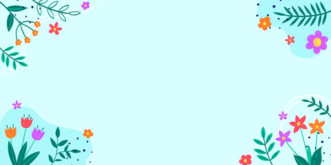 Spring decoration. Floral background with colourful blooming flower and leaves. Vector illustration