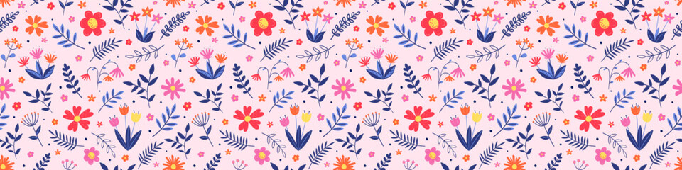 Floral seamless pattern. Spring background with colourful hand drawn flowers and leaves. Banner. Vector illustration