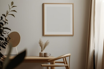 Vertical wooden frame mockup for neutral to showcase artwork, beautiful background,  photo, print, empty frame, warm, cozy, generative AI.