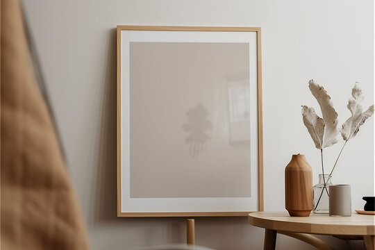 3D rendering view of a Wooden frame mock up - with cozy background, glass, generative AI