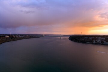 Aerial view of the Tacoma Narrows Bridge over the Puget Sound at twilight 