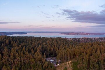Aerial view of the Tacoma Narrows and Defiance Point at sunset