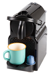 Color photo of black home coffee machine PNG transparent white background