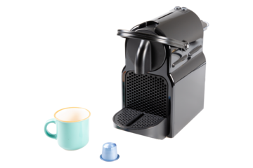 black espresso coffee machine with capsule and cup on png transparent white background