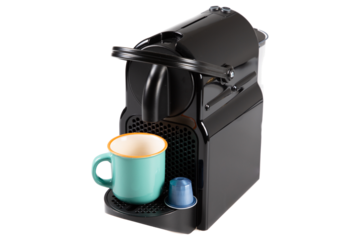 black espresso coffee machine with blue capsule and green cup on png isolated white background