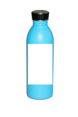 thermal stainless steel bottle blue with black bung cap design template of packaging mockup on isolated white png background