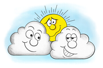 cartoon illustration of a sun hidden by clouds in the sky
