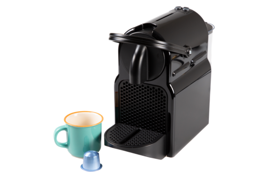 black espresso coffee machine with capsule and cup on isolated cutout PNG white background