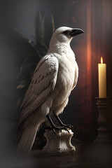 White raven in a gothic interior with candles