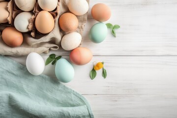 dozen eggs arranged neatly on a wooden table. Generative AI